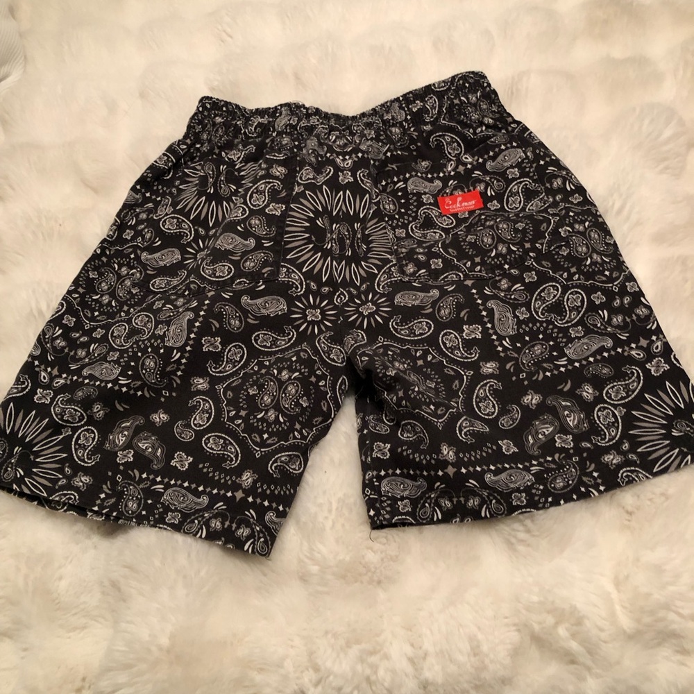 Cookman Brand Men's Black Paisley Chef Shorts with Elastic Waist
